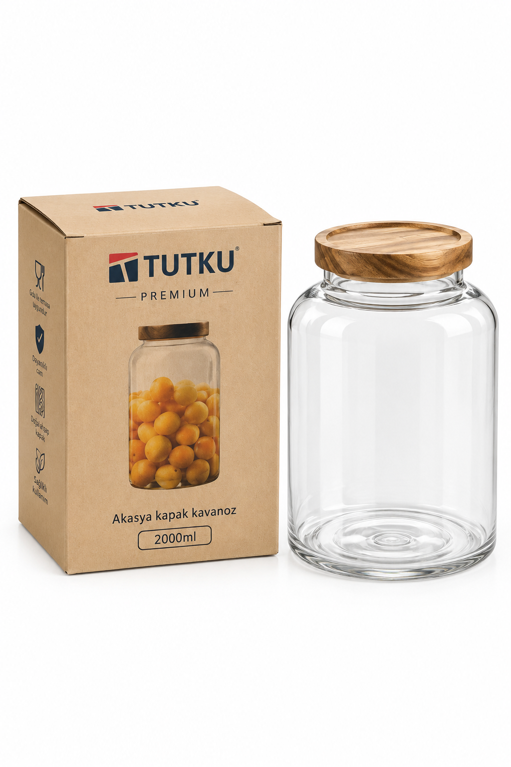 Akasya Kapaklı Cam Kavanoz 2000 ml - 20 cm *RZ-1044*24* TUTKU-3965
