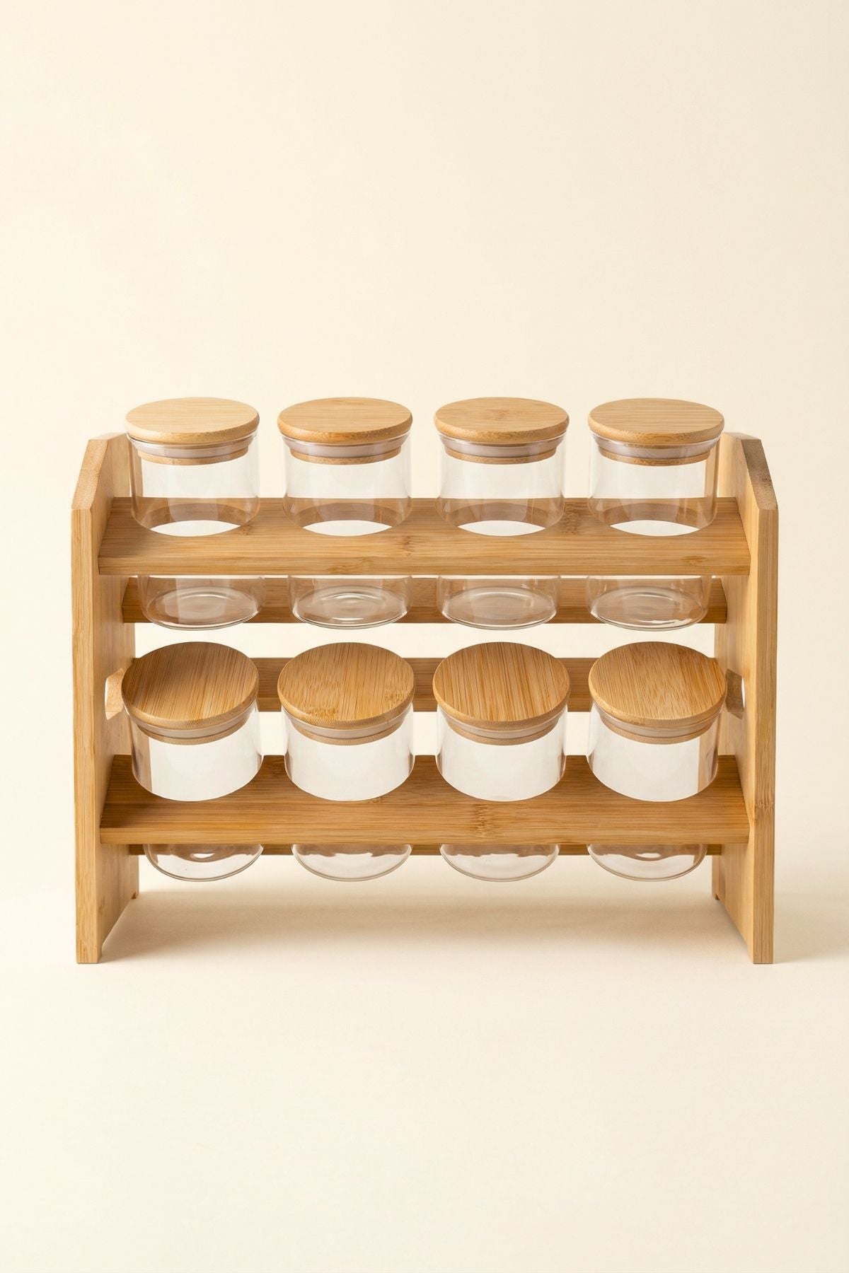 2 Katlı Bambu Standlı 8'li Cam Baharatlık