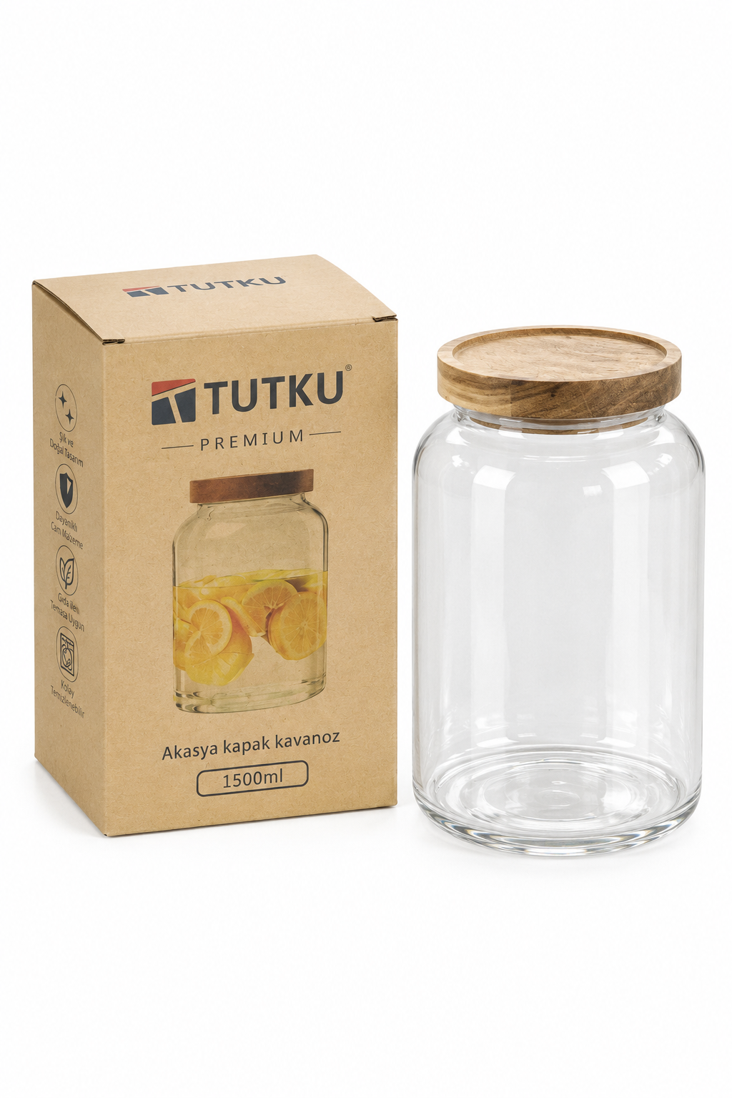 Akasya Kapaklı Cam Kavanoz 1500 ml - 19 cm *RZ-1043*24* TUTKU-3964