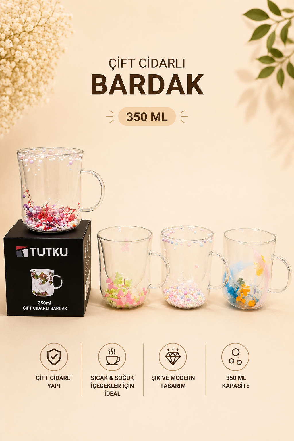 Çift Cidarlı Cam Kupa Çiçek KOD: TUTKU-3185