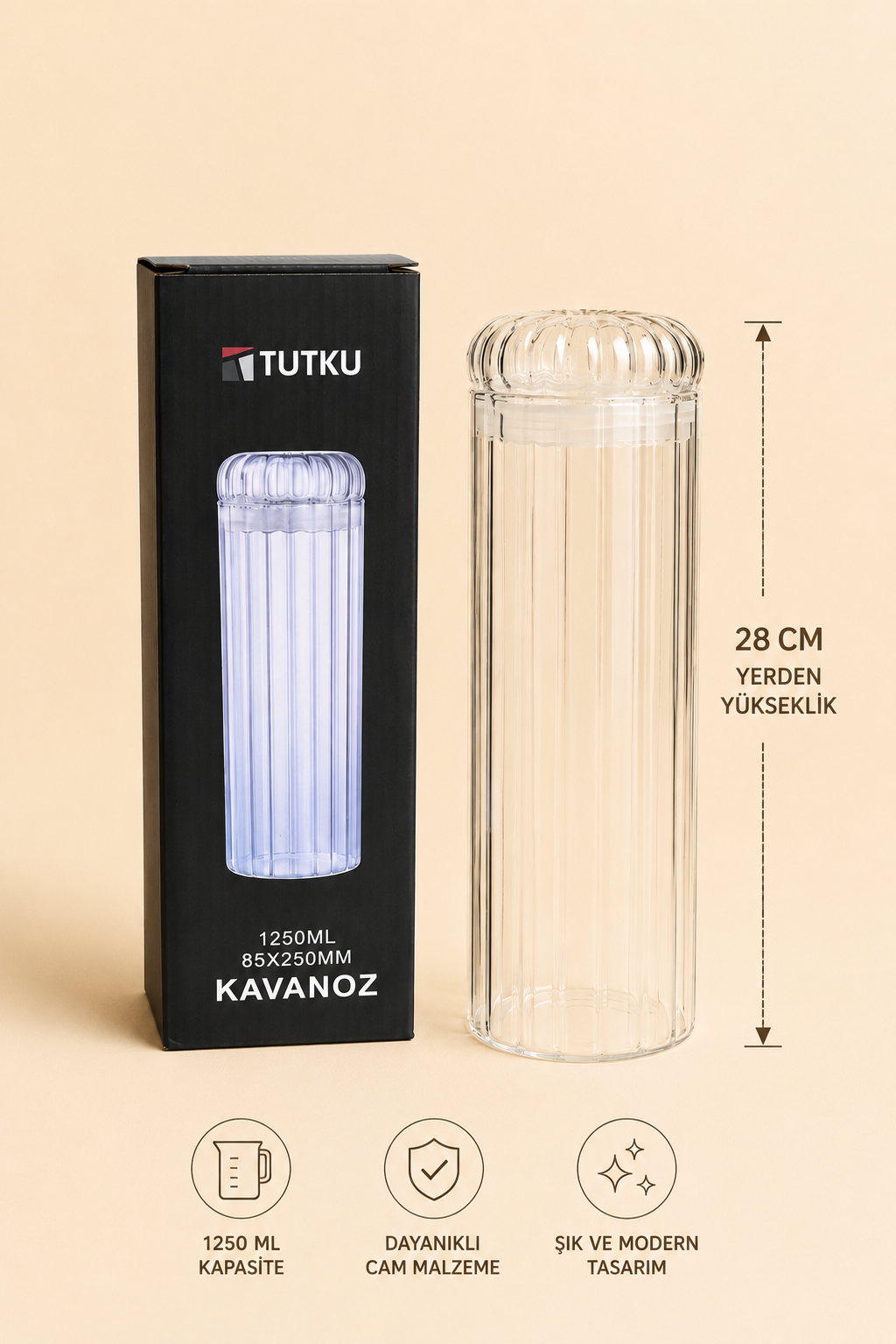1250 Ml Borosilikat Cam Rölyefli Kavanoz KOD: TUTKU-3194
