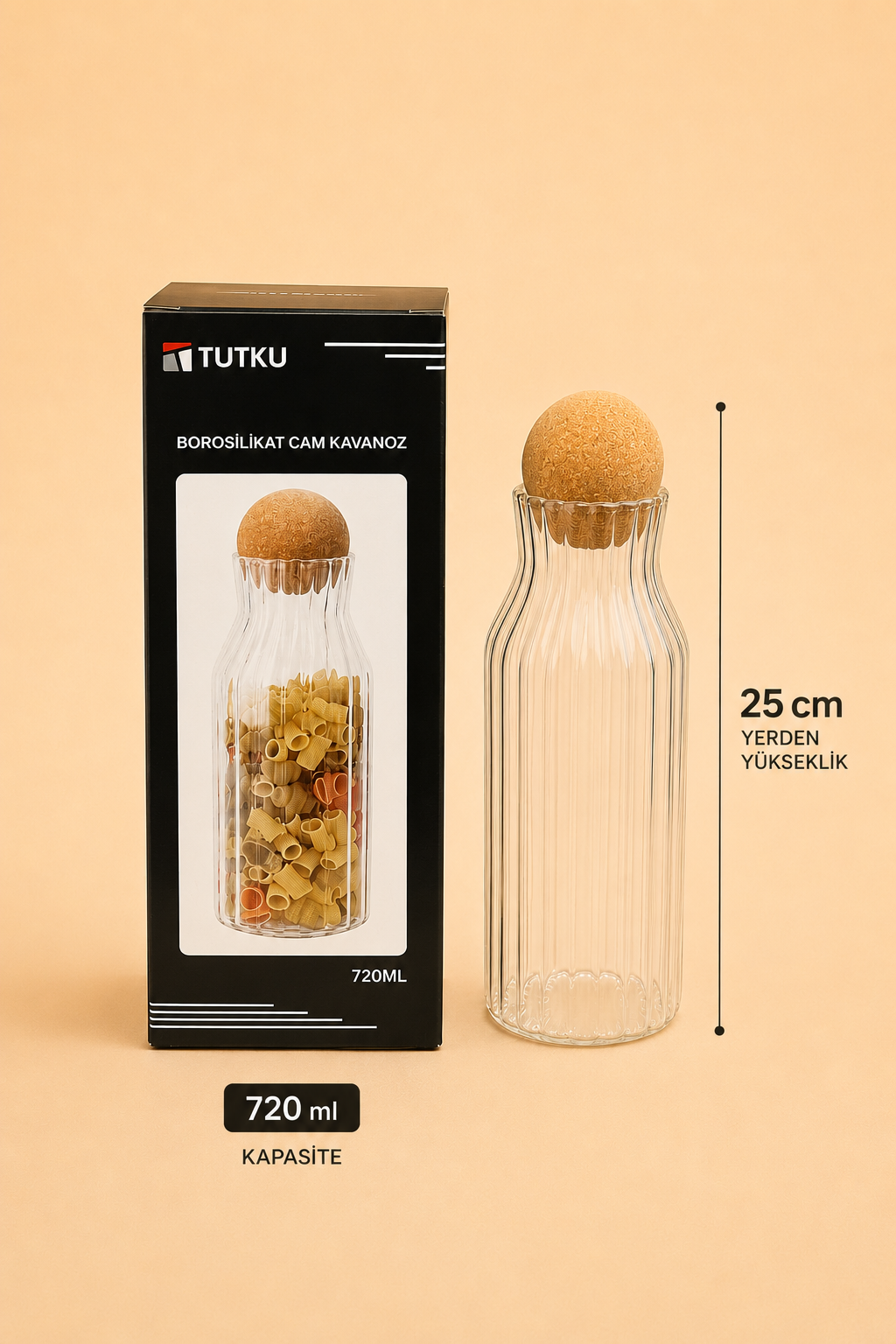 Top Kapaklı Cam Kavanoz Rölyefli 720 Ml KOD: TUTKU-2127