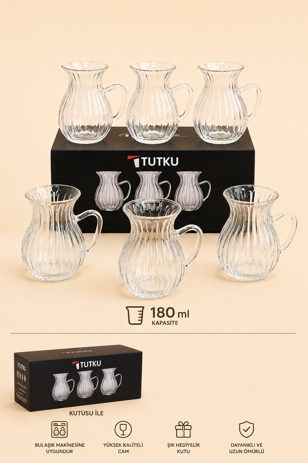 6'lı Kulplu Cam Çay Bardak 180 Ml KOD: TUTKU-2453