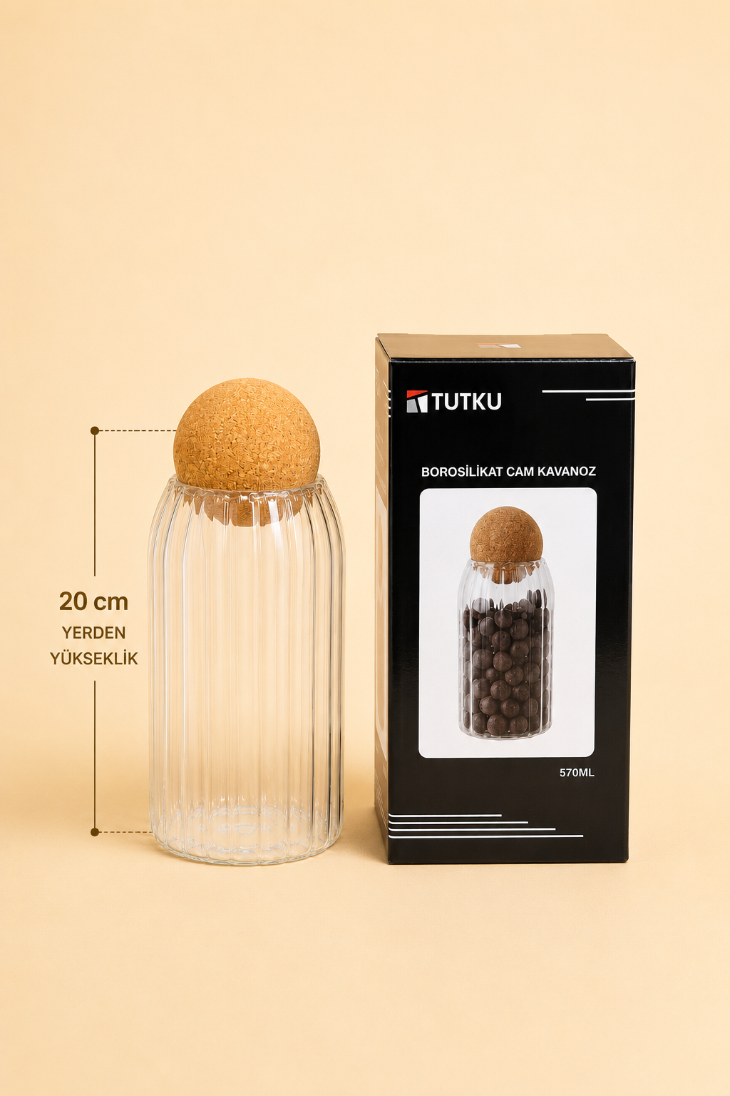 Top Kapaklı Cam Kavanoz Rölyefli 570 Ml KOD: TUTKU-2118