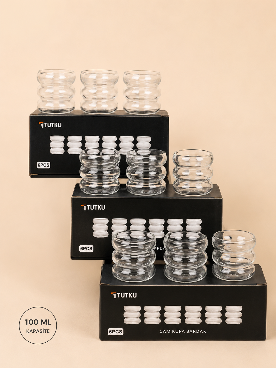 100 Ml 6'lı Borosilikat Cam Burgulu Kahve Yanı Bardak KOD: TUTKU-3196