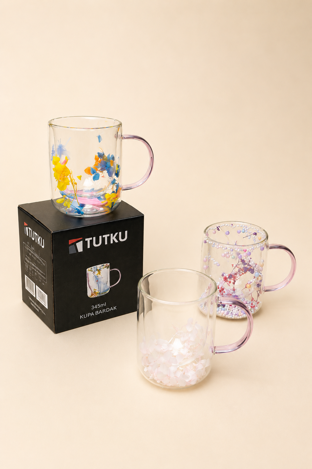 Çift Cidarlı Cam Kupa Çiçek 345 Ml KOD: TUTKU-3180