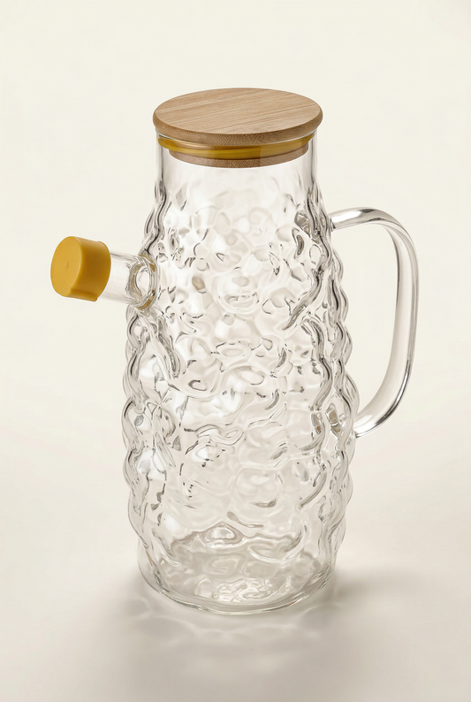 1 Litre Bambu Kapaklı Borosilikat Cam Üzüm Yağdanlık