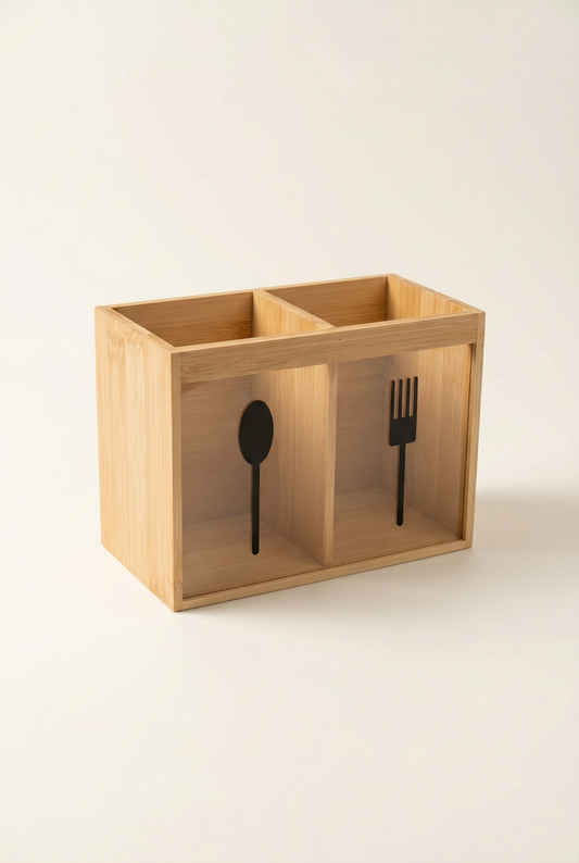 2 Bölmeli Bambu Kaşıklık (18x9x13 Cm) KOD:0606