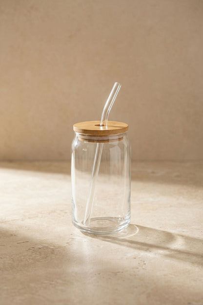540 Ml Bambu Kapaklı Pipetli Cam Bardak KOD: TUTKU-1426