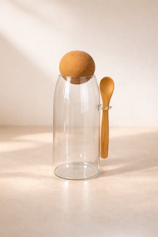 1000 Ml Mantar Kapaklı Kaşıklı Cam Kavanoz - 20 Cm KOD: JML-A-RM033