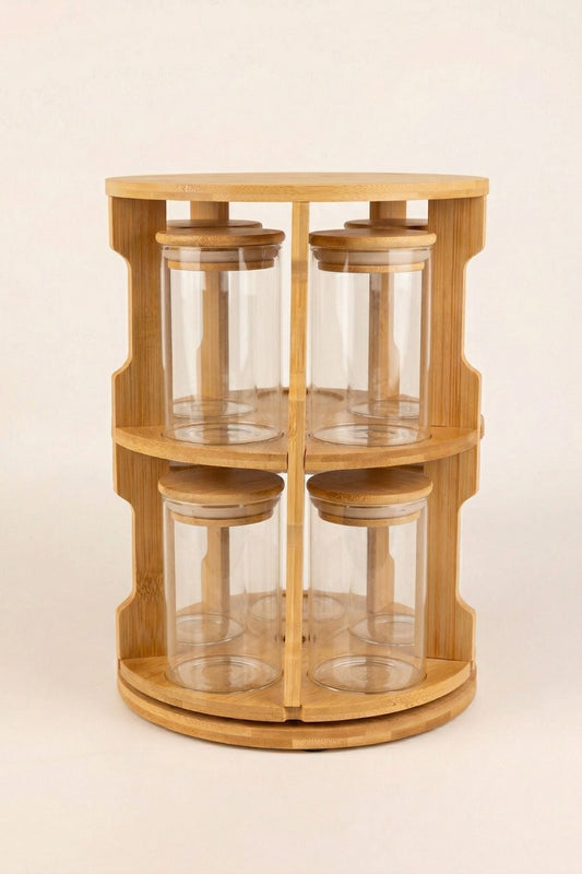 10'lu Bambu Dönen Standlı Cam Baharat Seti - 250 ML Cam Kavanozlu