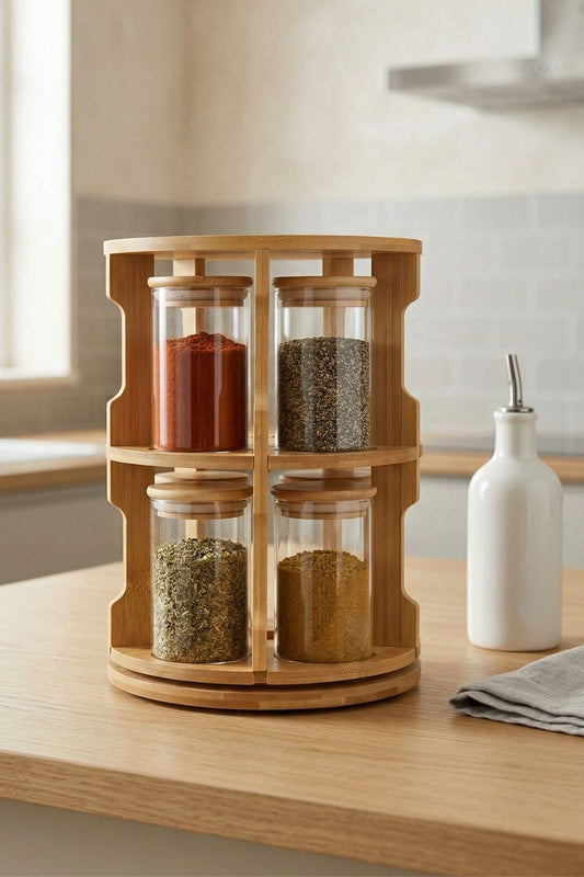 10'lu Bambu Dönen Standlı Cam Baharat Seti - 250 ML Cam Kavanozlu