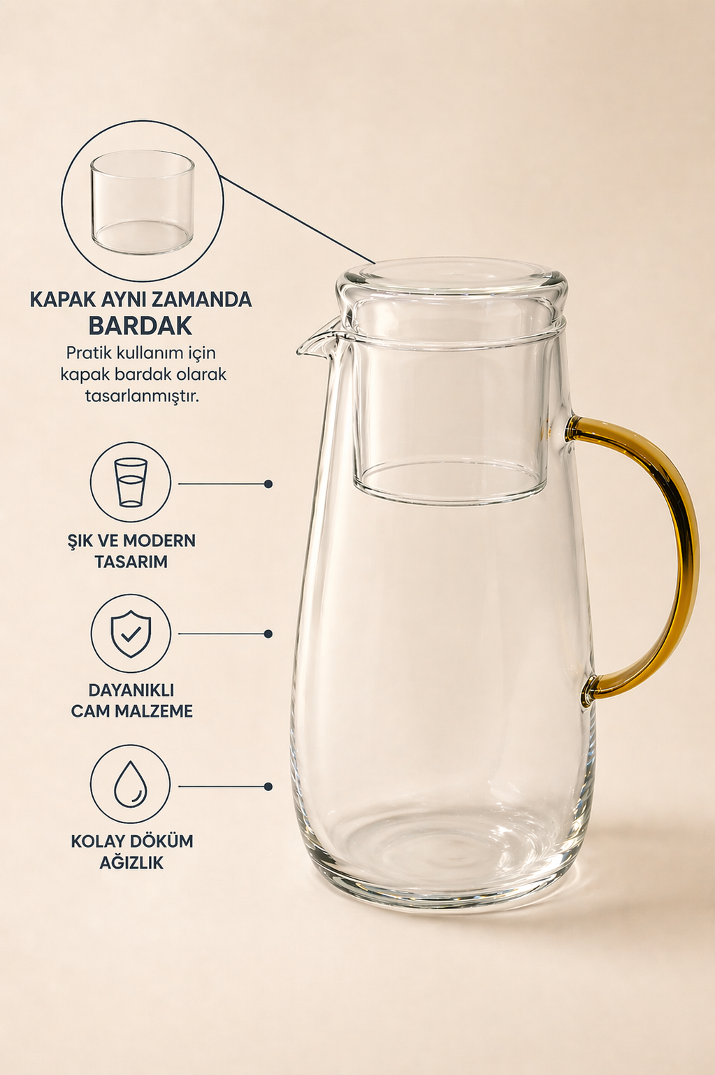 1.3 Litre Cam Başucu Sürahisi KOD: TUTKU-1129