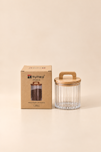 Akasya Kapaklı Cam Kavanoz Çizgili - (10X10 cm) *RZ-1038* TUTKU-3969