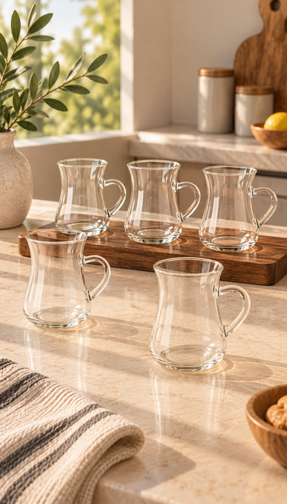 6'lı Kulplu Cam Çay Bardağı 210 Ml