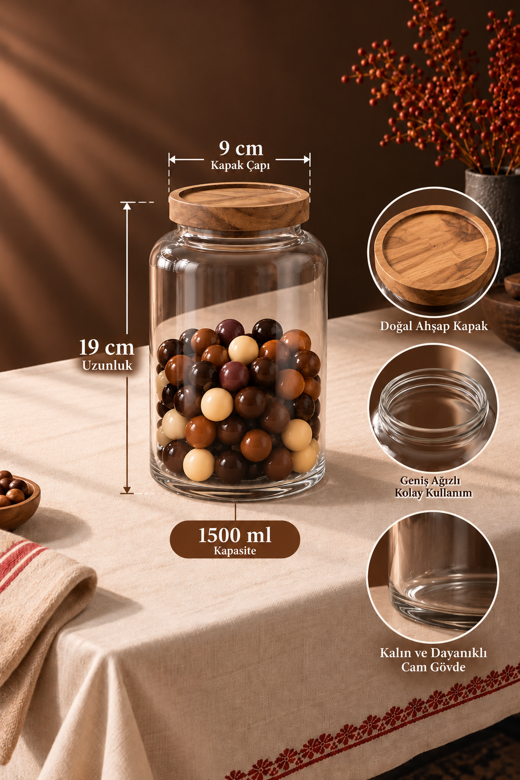 Akasya Kapaklı Cam Kavanoz 1500 ml - 19 cm *RZ-1043*24* TUTKU-3964
