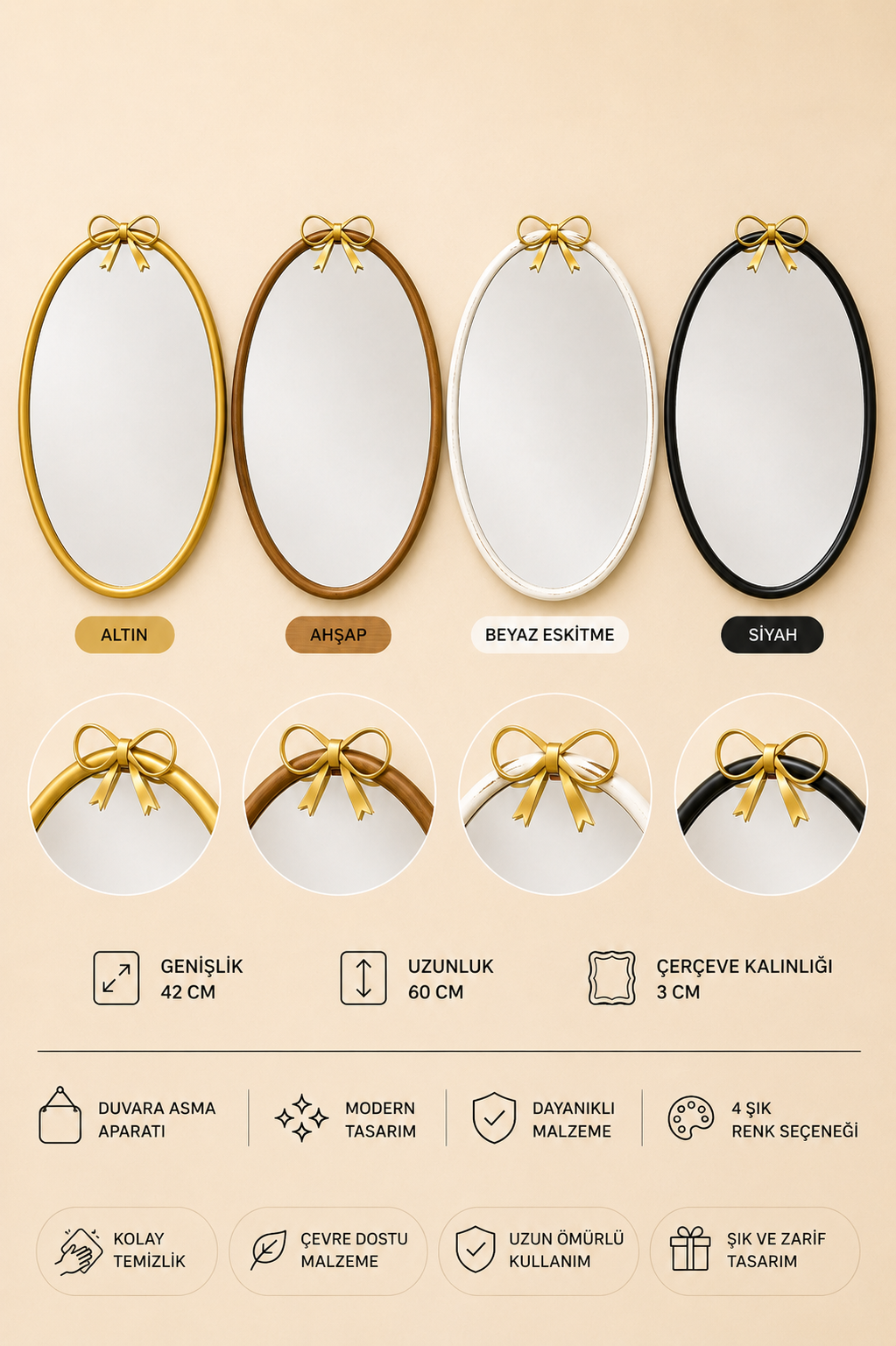Dekoratif Duvar Aynası Oval (62X40 Cm)  KOD: TUTKU-3206