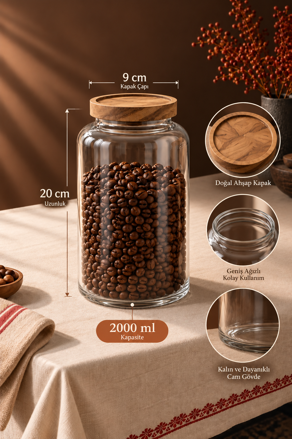 Akasya Kapaklı Cam Kavanoz 2000 ml - 20 cm *RZ-1044*24* TUTKU-3965
