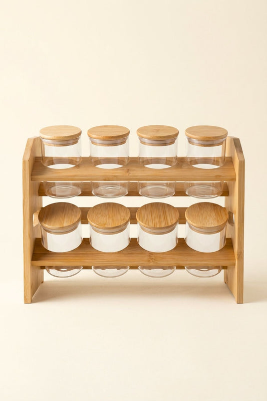 2 Katlı Bambu Standlı 8'li Cam Baharatlık