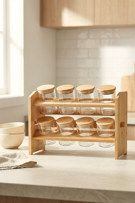 2 Katlı Bambu Standlı 8'li Cam Baharatlık