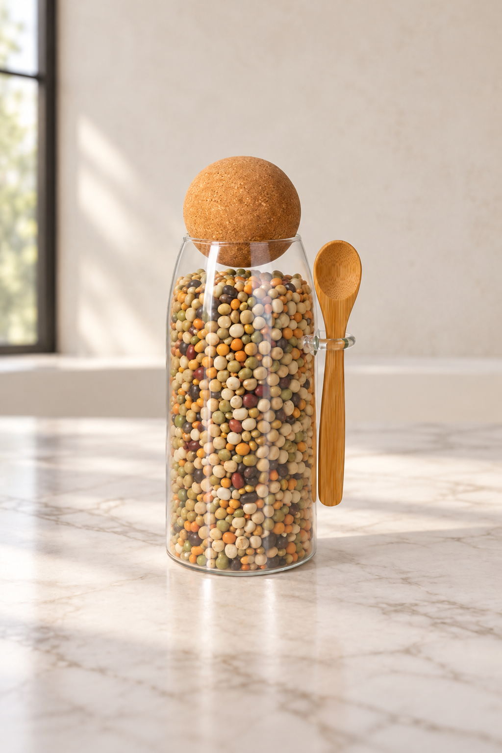 1000 Ml Mantar Kapaklı Kaşıklı Cam Kavanoz - 20 Cm