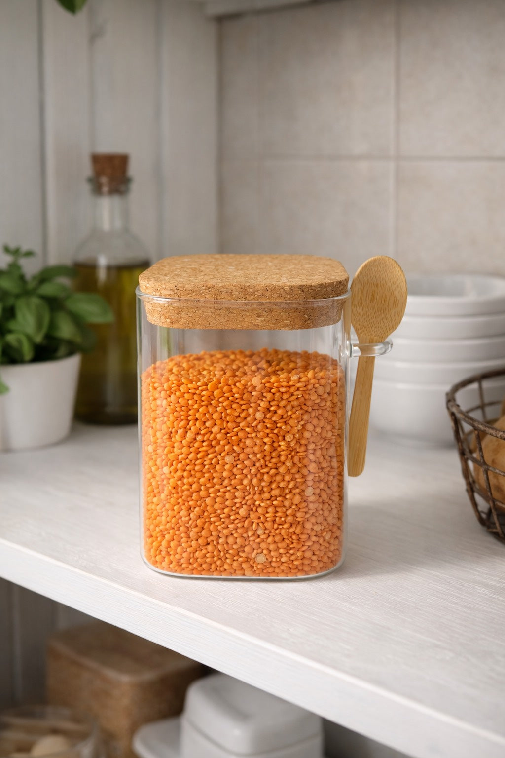 600 ML Mantar Kapaklı Kaşıklı Cam Kavanoz 16 Cm KOD:TUTKU-2860