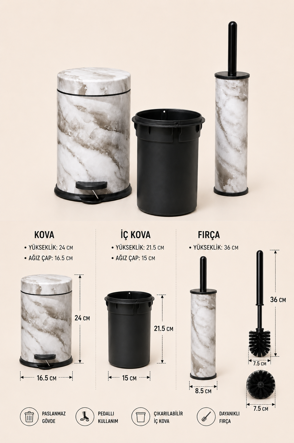 Mermer Desen 2'li Banyo Seti 3L Çöp Kovası -001873