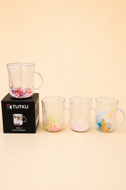Çift Cidarlı Cam Kupa Çiçek KOD: TUTKU-3185