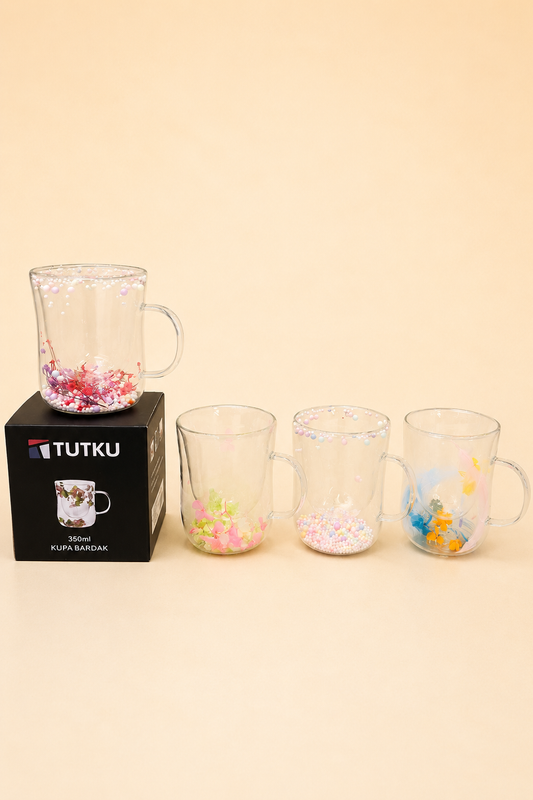 Çift Cidarlı Cam Kupa Çiçek KOD: TUTKU-3185