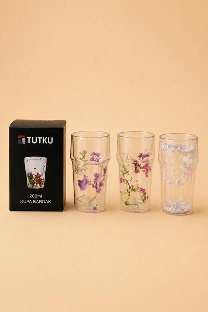 Çift Cidarlı Çiçekli Su Bardağı KOD: TUTKU-3181