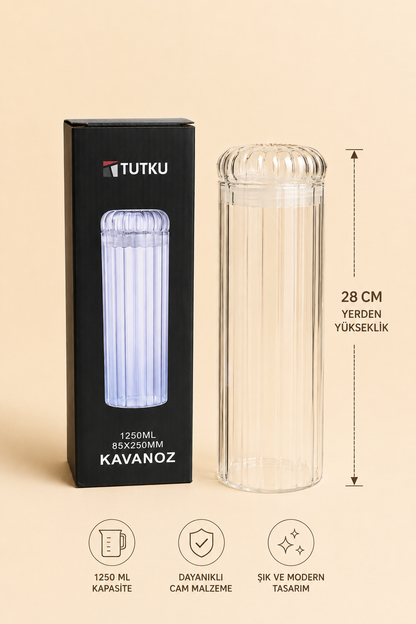 1250 Ml Borosilikat Cam Rölyefli Kavanoz KOD: TUTKU-3194