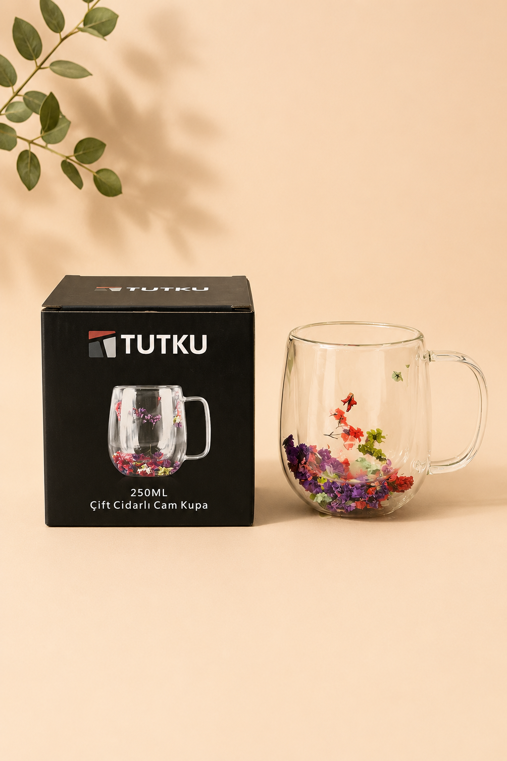 Çift Cidarlı Cam Kupa Çiçekli KOD: TUTKU-1440