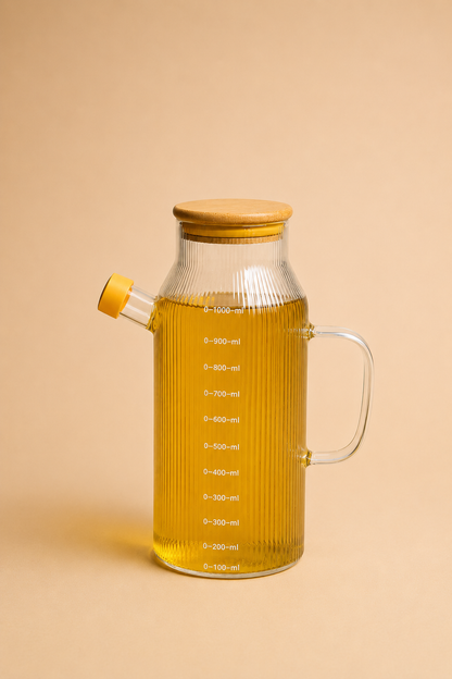 1 Litre Bambu Kapaklı Çizgili Cam Yağlık KOD: TUTKU-2777