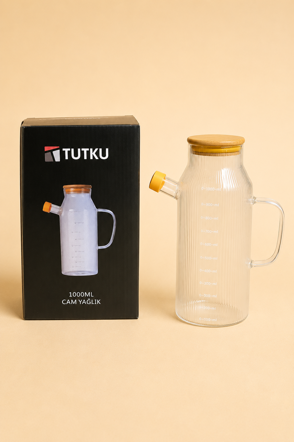 1 Litre Bambu Kapaklı Çizgili Cam Yağlık KOD: TUTKU-2777