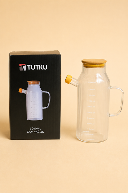 1 Litre Bambu Kapaklı Çizgili Cam Yağlık KOD: TUTKU-2777