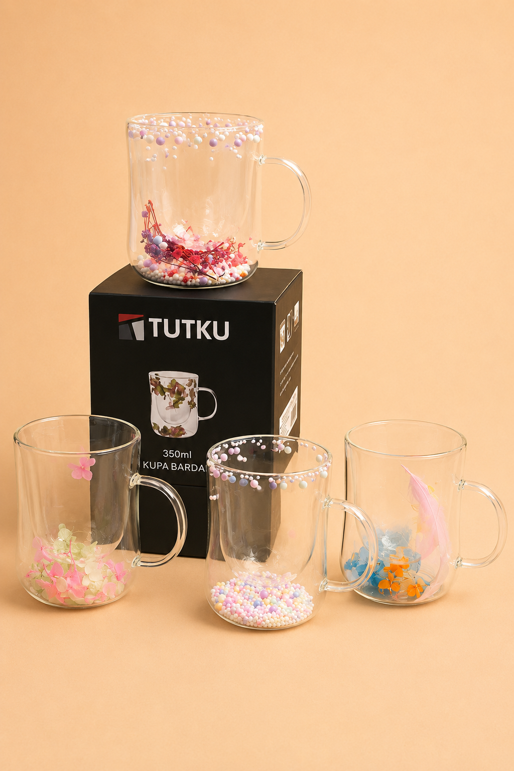Çift Cidarlı Cam Kupa Çiçek KOD: TUTKU-3184
