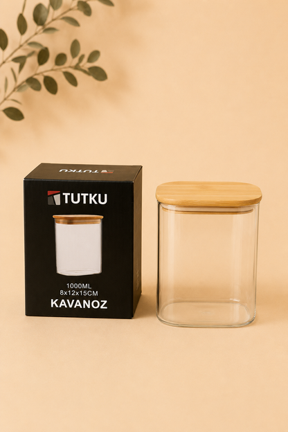 1100 Ml Bambu Kapaklı Cam Kavanoz KOD: TUTKU-3125