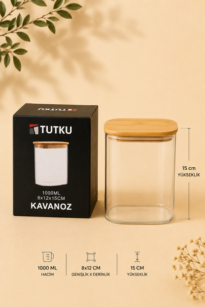 1100 Ml Bambu Kapaklı Cam Kavanoz KOD: TUTKU-3125