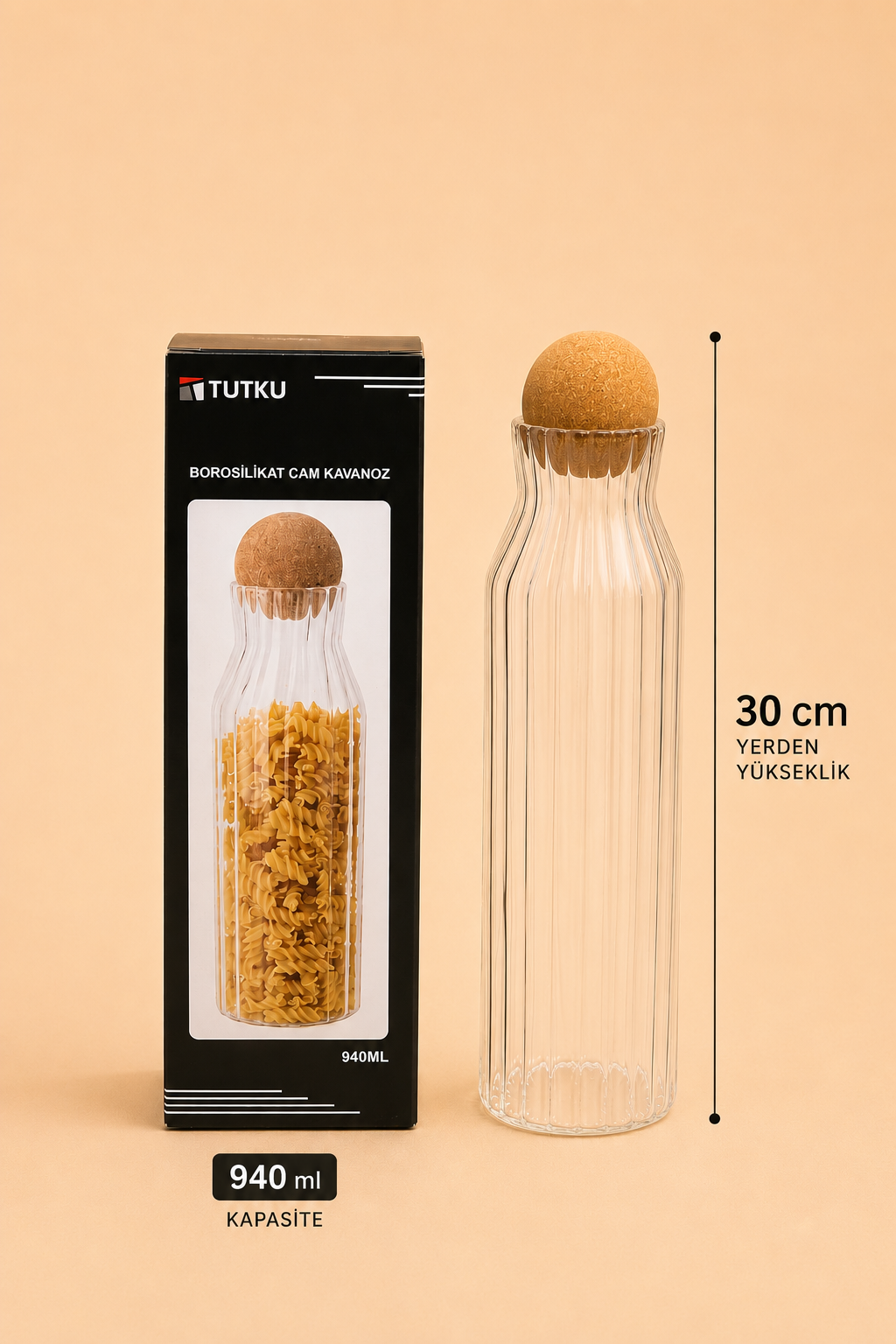 Top Kapaklı Cam Kavanoz Rölyefli 940 Ml KOD: TUTKU-2128