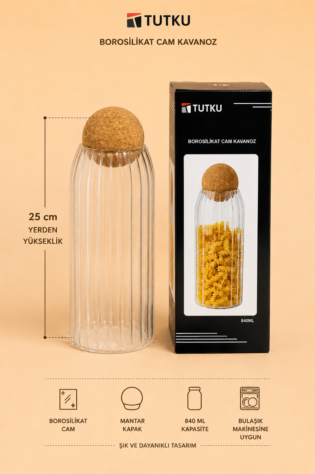 Top Kapaklı Cam Kavanoz Rölyefli 840 Ml KOD: TUTKU-2119