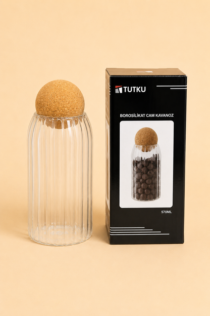 Top Kapaklı Cam Kavanoz Rölyefli 570 Ml KOD: TUTKU-2118