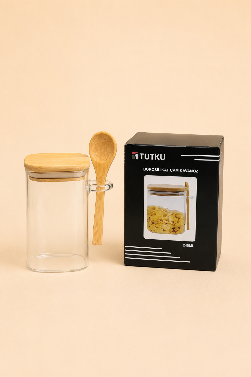 Bambu Kapaklı Kaşıklı Cam Kavanoz 240 Ml KOD: TUTKU-1249