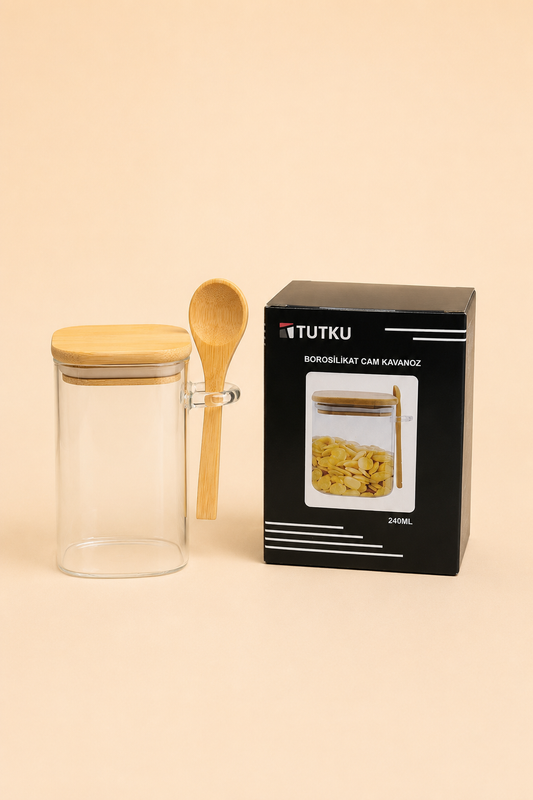 Bambu Kapaklı Kaşıklı Cam Kavanoz 240 Ml KOD: TUTKU-1249