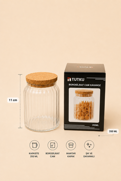 Mantar Kapaklı Cam Kavanoz Rölyefli 350 Ml KOD: TUTKU-2750