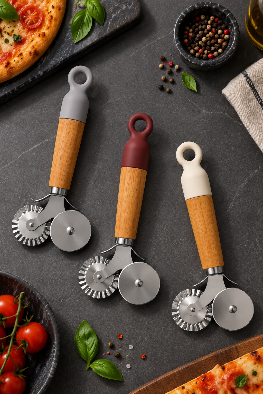 18 Cm Ahşap Saplı 2 Başlıklı Pizza Bıçağı