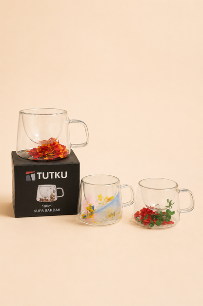 Çift Cidarlı Cam Kupa Çiçek KOD: TUTKU-3178