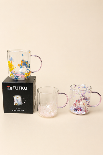 Çift Cidarlı Cam Kupa Çiçek 345 Ml KOD: TUTKU-3180