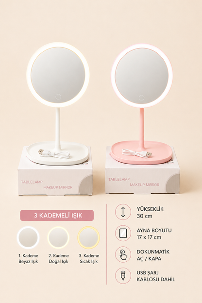Plastik Ayak Ledli Yuvarlık Ayna KOD:TUTKU-3433