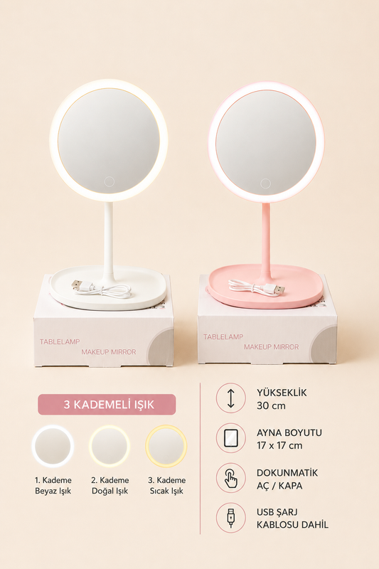 Plastik Ayak Ledli Yuvarlık Ayna KOD:TUTKU-3433