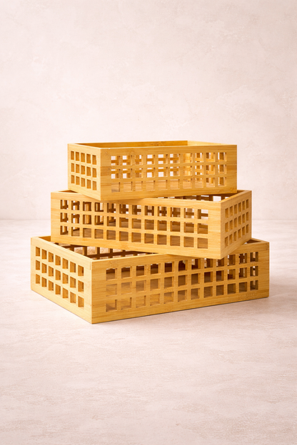 3'lü Bambu Çok Amaçlı Sepet Organizer (33-30-26 Cm) KOD: TUTKU-1579